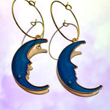 Blue Crescent Moon Hoop Earrings