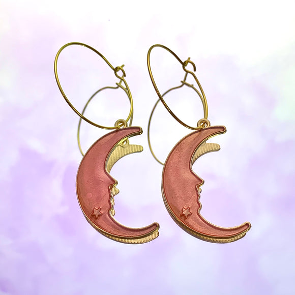 Pink Crescent Moon Hoop Earrings