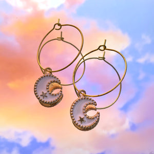 White Crescent Moon Hoop Earrings