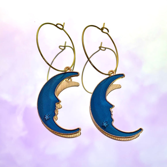 Blue Crescent Moon Hoop Earrings