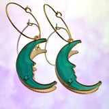 Green Crescent Moon Hoop Earrings