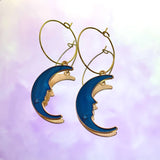 Blue Crescent Moon Hoop Earrings