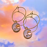 White Crescent Moon Hoop Earrings