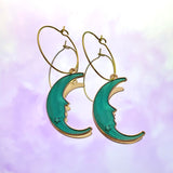 Green Crescent Moon Hoop Earrings