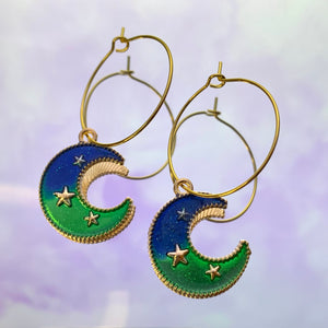 Green & Blue Moon Hoop Earrings