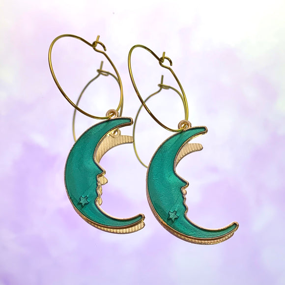 Green Crescent Moon Hoop Earrings