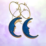 Blue Crescent Moon Hoop Earrings