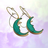 Green Crescent Moon Hoop Earrings