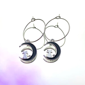 Black Moon & Cat Hoop Earrings