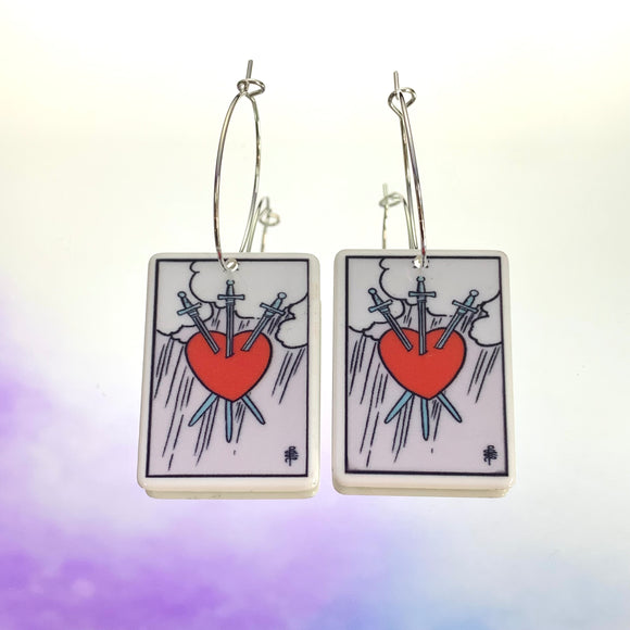 3 of Swords Tarot Card Hoop Earrings