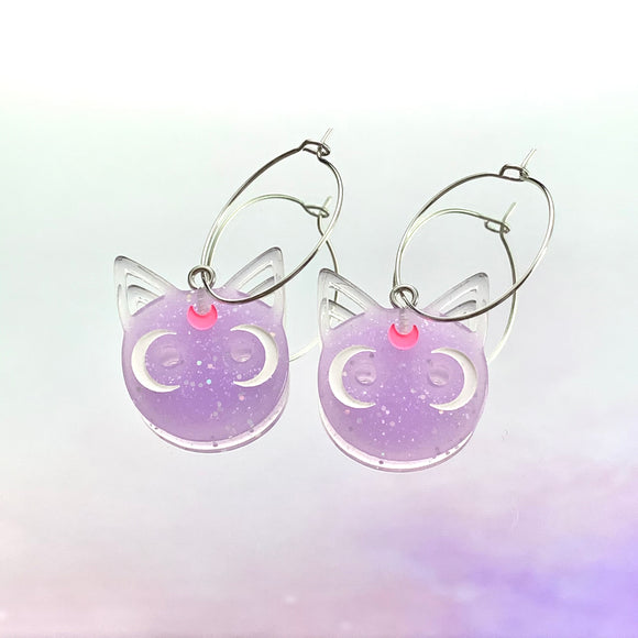 Purple Glitter Cat Hoop Earrings