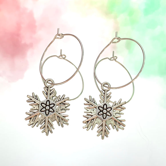 Silver Snowflake Hoop Earrings