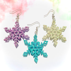 Glitter Snowflake Hook Earrings Various Colours