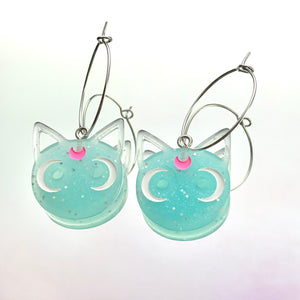 Blue Glitter Cat Hoop Earrings