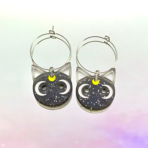 Black Glitter Cat Hoop Earrings