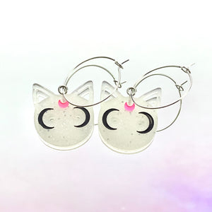 White Glitter Cat Hoop Earrings