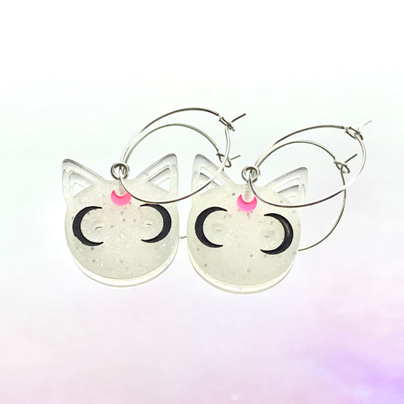 White Glitter Cat Hoop Earrings