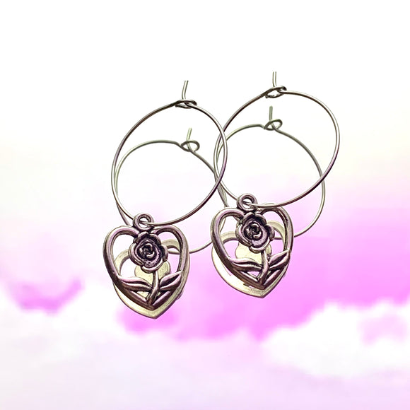 Heart Rose Hoop Earrings